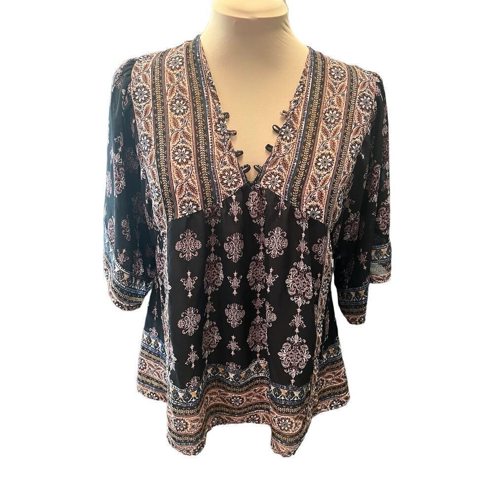 Knox Rose boho peasant short sleeved blouse flowy hippie gypsy puff sleeve